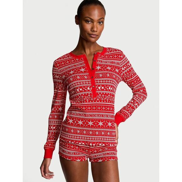 Victoria's Secret Red Plaid Thermal Long Sleeve Shorts Pajama Set - Size XXL - Picture 2 of 2